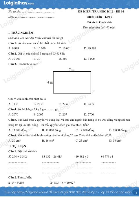 Đề kiểm tra học kì 2 Toán 3 Cánh diều - Đề số 10